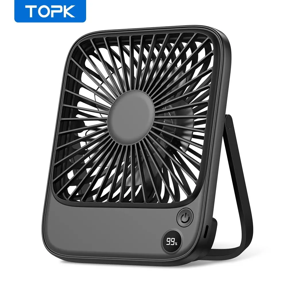 TOPK Rechargeable USB Desk Fan, Desktop Fan, USB Charging Fan, Portable Rechargeable Fan, Silent Thin Personal USB Powered Fan with Power Display for Office, Travel, Library, Bedroom, Outdoor