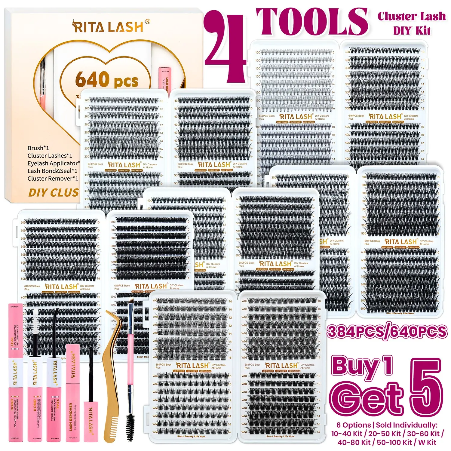 RITALASH 640/384pcs 6 Nature Styles Lash Clusters Kit, Mega Volume Lashes, DIY Cluster Lashes, Cluster False Lashes, 10D/20D/30D/40D/50D/60D/W05/W06 Eyelash Clusters Extensions for Beginners & Pros, DIY at Home with Bond & Seal Remover Double-Ended