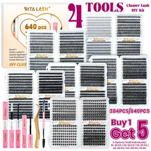 RITALASH 640/384pcs 6 Nature Styles Lash Clusters Kit, DIY Cluster Lashes, 10D/20D/30D/40D/50D/60D/W05/W06 Eyelash Clusters Extensions for Beginners & Pros, DIY at Home with Bond & Seal Remover Double-Ended