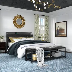 VECELO Bed Frame With End Of Bed Ottoman Bench Set And Charging Station Leather Headboard,  Full Queen Size Bed Metal Slat Support No Box Spring Neede