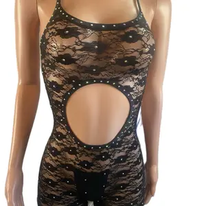 Sexy Lace Cut Out Butt Bodysuit with Rhinestone Accents and Sheer Design for Nightlife