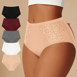 【Cotton】Morelect 5 Pcs High Waisted Cotton Underwear for Women, Lace Floral Trim Bikini, Ultra Soft Comfort Fit, Breathable Lightweight, Summer Everyday Panties