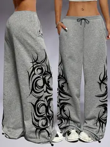 Women's Streetwear Hip-Hop Casual Fashion Wide Leg Pants, Fitted Elastic Waist, Long Regular Fit, All Seasons, Trendy Youth Style