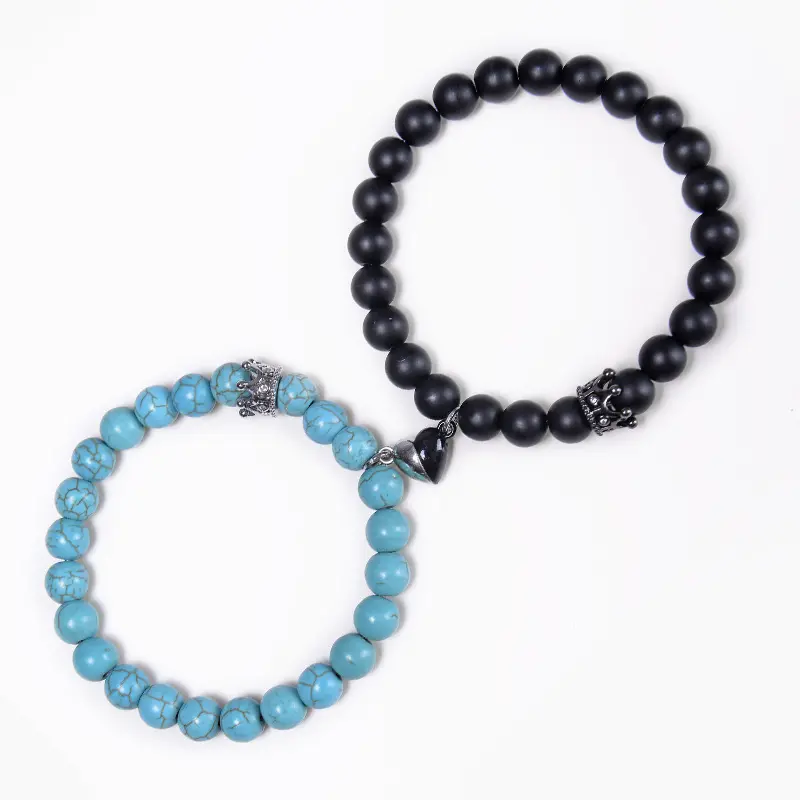 Couple's Magnetic Beaded Bracelets Set - Crown Charms, His & Hers Stone Beads, Metal-Coated Magnetic Bangle Jewelry, 6.6-8.2 Inches Elastic Length, Casual Wear Anniversary Valentine Gift, Metal Coating, Birthday