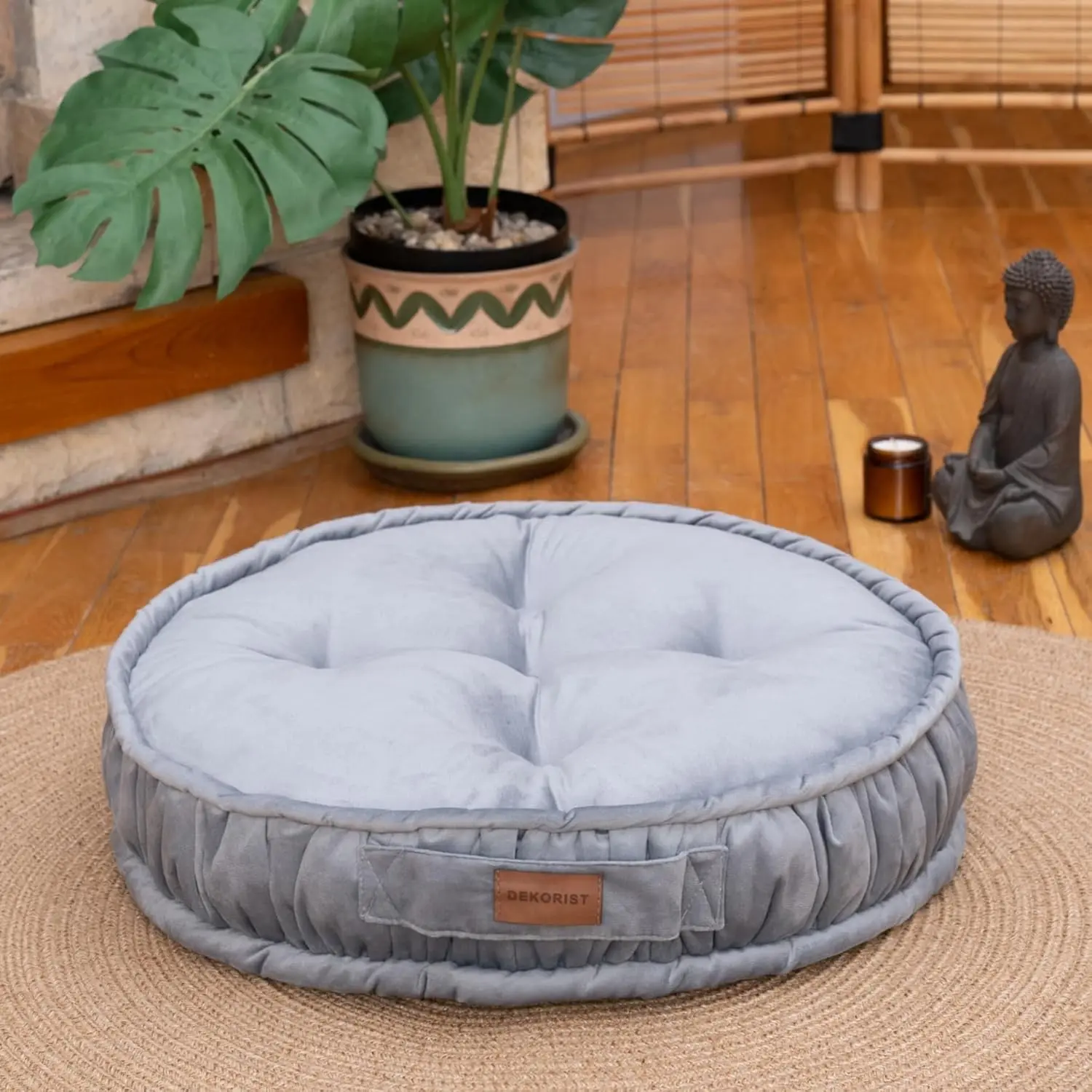 Round Floor Cushion, Floor Pillow Thick Floor Seating, Comfortable Supportive, Quilted Soft Booster Seat Pad for Yoga Meditation, Yoga Cushion, 56 cm 22 inch, Ibiza, Light Grey