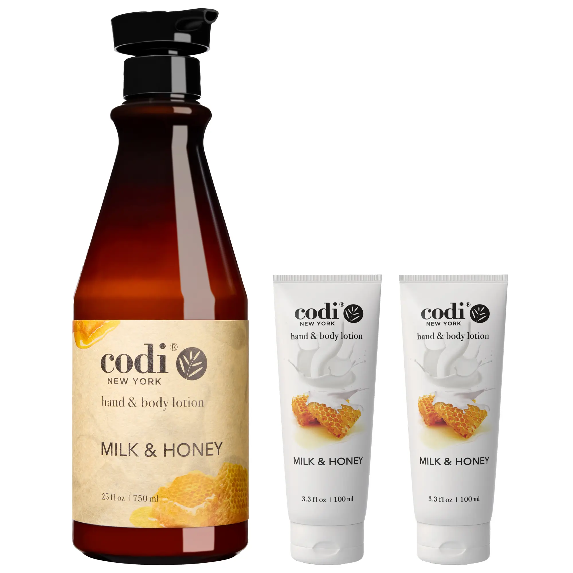 Codi Milk and Honey Hand & Body Lotion - Moisturizing, Nourishing, Gentle, Smooth Daily Cream for Dry Skin, Unisex 950ml Value Pack with 2 Travel-Size Bottles, Non-Greasy Scented Body Moisturizer, Moisture, Natural Extracts