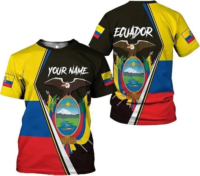 Ecuador Personalized Name Double Sided Graphic Shirt, National Flag and Coat of Arms Eagle All Over Print, Yellow Blue Red Crew Neck or V-Neck T-Shirt, Unisex Ecuadorian Pride Gift, Size S-5XL