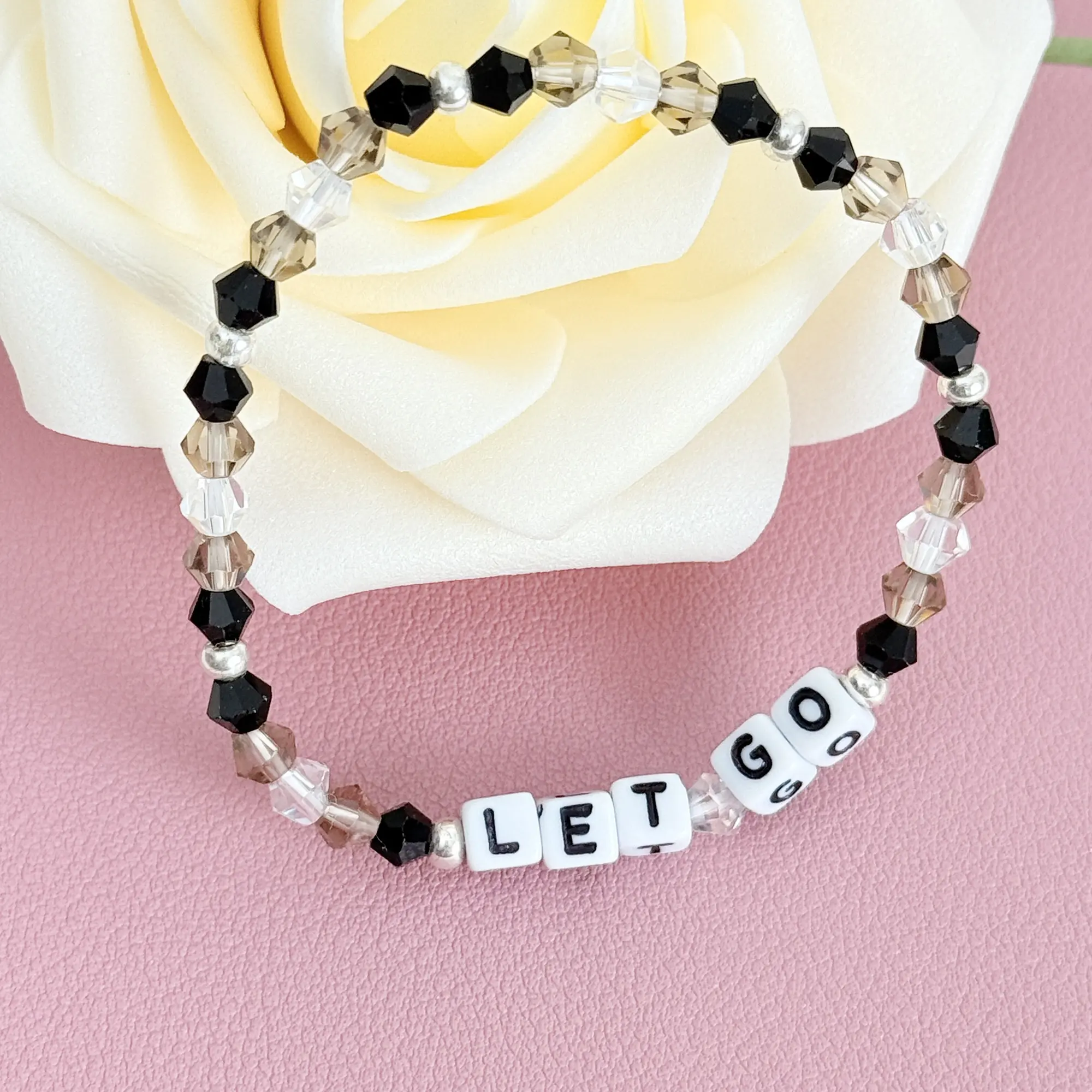 Kivibecrystal Handmade Custom Word Bracelet with Sparkly Glass & 14k Gold Accents Personalized Design for Women Teens or Friends Perfect Gift for Christmas or Thanksgiving let them let go bracelet Friendship bracelet