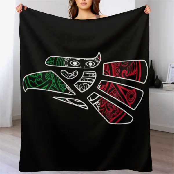 Mexico Eagle Blanket, Latino Heritage Throw Blanket with Tribal Eagle Art Design, Green White Red Mexican Inspired Pattern, Black Background Fleece Blanket for Couch Bed Sofa Home Decor, Cultural Gift for Mexico Fans
