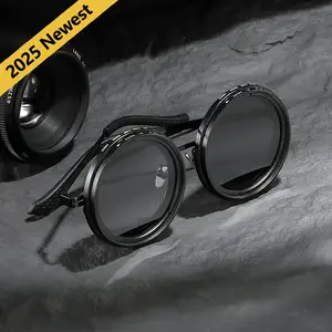 [2025 Swivel Eyewear] Steampunk Inspired Swivel Lens Eyewear - Adjustable 9 Levels Of Brightness, Alloy Frame, Black With Gray Lenses, Outdoor Light Blocking Fashion Accessory, Fashion Statement Eyewear | Steampunk Eyewear | Alloy Frame Eyewear