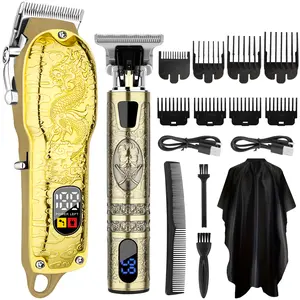 LQT Gold Dragon Hair Clipper & Bronze Trimmer 2-Pack for Men, Professional Cordless Stainless Steel Lightweight Durable Face Grooming Tool with LED Display, USB Rechargeable Quiet Motor, Adjustable Blade, Long-Lasting Battery Life