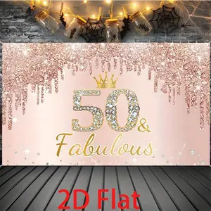 1pc Funny 50th Birthday Backdrop Fabulous Fifty Rose Golden Pink Glitter Party Decor with Crown Design Durable Polyester Photography Background for Milestone Celebrations Family Events Gift  Decor Celebratory Theme Banners White Ornaments 2D Flat