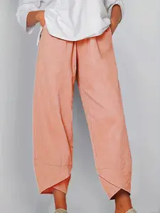 Women's Cotton Linen Casual Style Pants, Summer New Loose Harem Pants with Slant Pockets, Pure Color Nine-Point Sporty Trousers