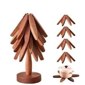 Wooden Trivets for Hot Dishes, Tree Shape Trivet Set, 4  + 1 Stand stored Like a Christmas Tree,Foldable Kitchen Wooden Trivet,for Hot Dishes、Pot、Bowl、Teapot、Hot Pot Holder，Kitchen supplies, eco-friendly, decorative items