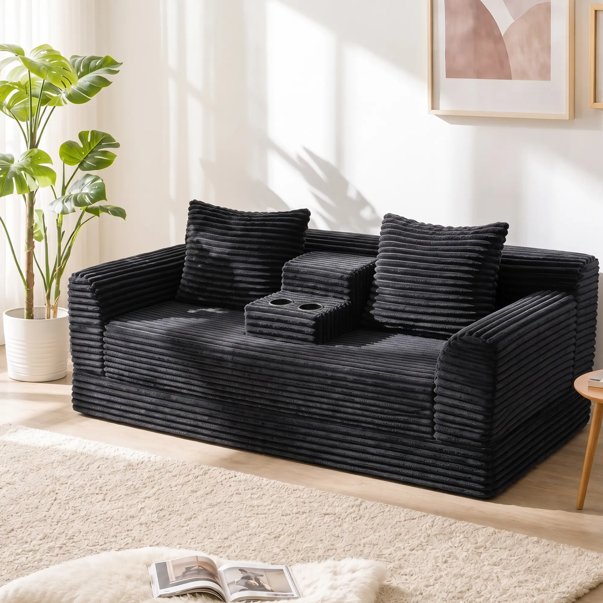 72-in Soft Striped Corduroy Convertible Sofa Bed with Foam Filling - Gray, Black, Dark Gray, Coffee Fold-Out Lounge Couch with Cup Holders, Pillows - Space-Saving Dual-Use Striped Look Furniture for Apartment Living Room