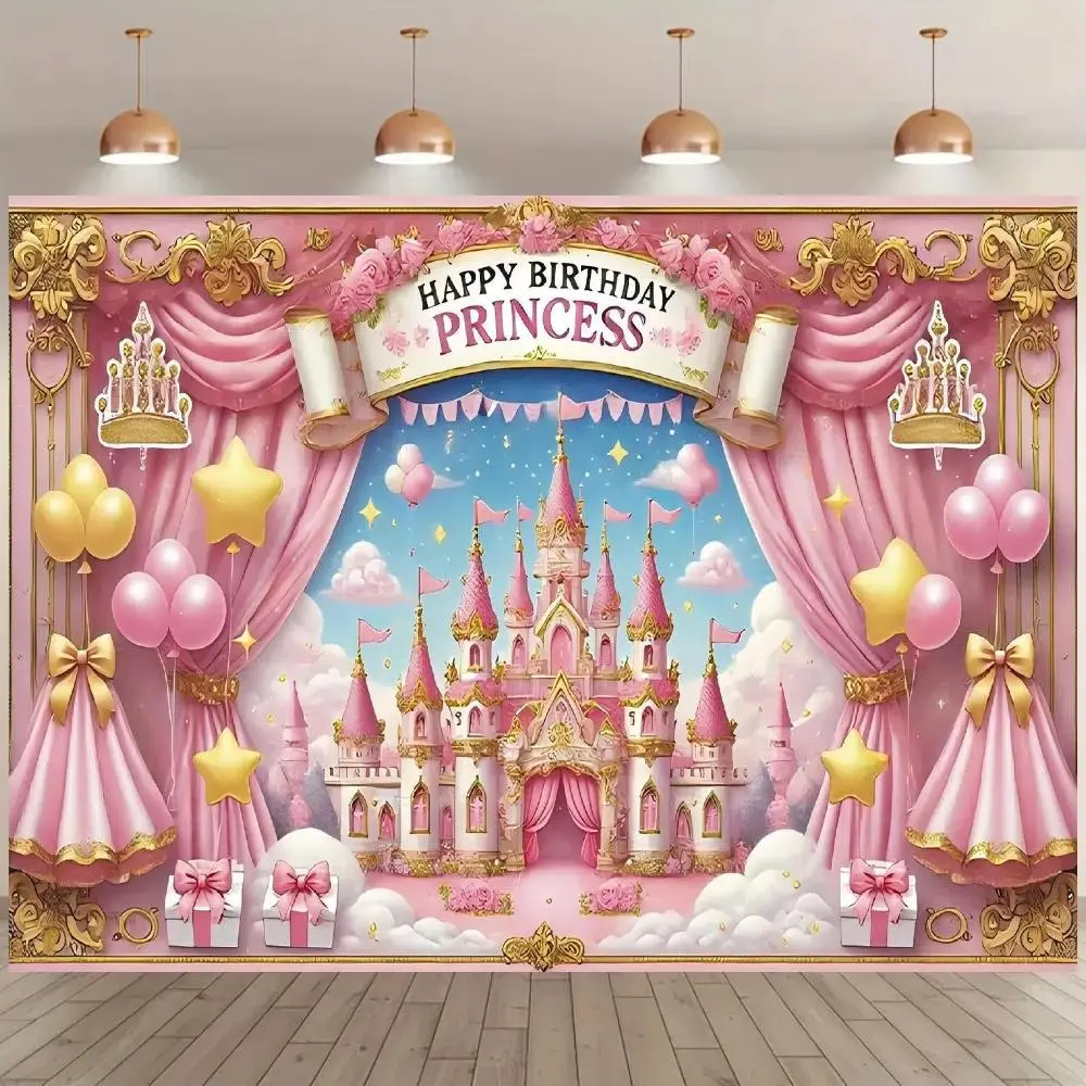 Princess Castle Pattern Birthday Background Banner, 1 Count Colorful Birthday Party Wall Decor, Wall Decor for Birthday Party, Wedding Decoration, Ornaments