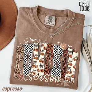 Comfort Colors Pumpkin Season Shirt, Leopard Checkered Fall Tee, Thanksgiving Shirt, Autumn Floral Outfits