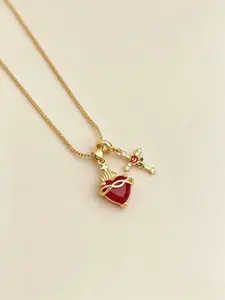 Sacred Heart Rose Cross Pendant Necklace, Heart Shape Rose Collarbone Chain, Boho Style Alloy Jewelry for All Seasons