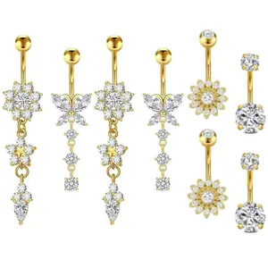 8pcs Surgical Steel Belly Button Rings Suitable for Women - Long Dangling Navel Piercing Jewelry, Elegant Dangle Belly Button Piercing Piercings, Daily Wear & Special Events, Year-Round Wearable