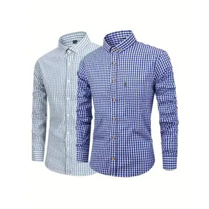 2-Pack Men's Pure Cotton Plaid Casual Long Sleeve Shirts - Blue and White Check Design, Button Collar, Machine Washable, Perfect for Casual Wear, Comfortable Daily Wear