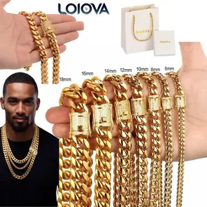 Multi-Size Male Cuban Rope Chain Necklace, 6mm-14mm Width, Stainless Steel/Gold with White Diamond-Set Buckle, 7.5"-30" Long for Daily Wear, Bold Look Hip-Hop Jewelry, Comes with Gift Box,summervibes