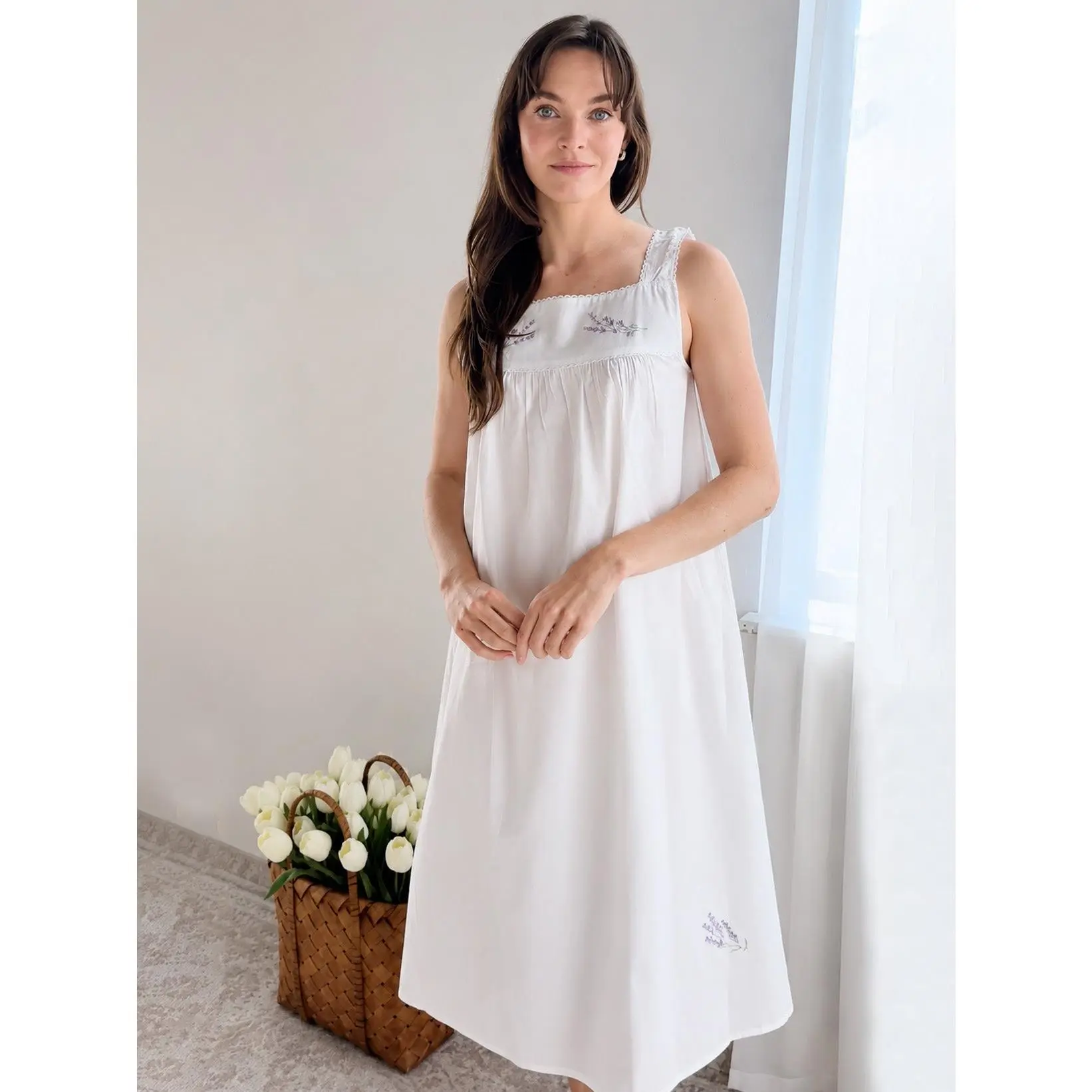 Violet White Cotton Nightgown