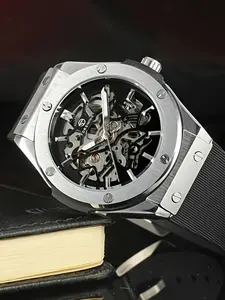 Trendy Luxury Mechanical Watch for Men, Hollow Design with Silicone Band, Casual Analog Style for Youth and Students, Ideal Gift Choice, Skeleton Watches, Casual Trendy Wristwatch