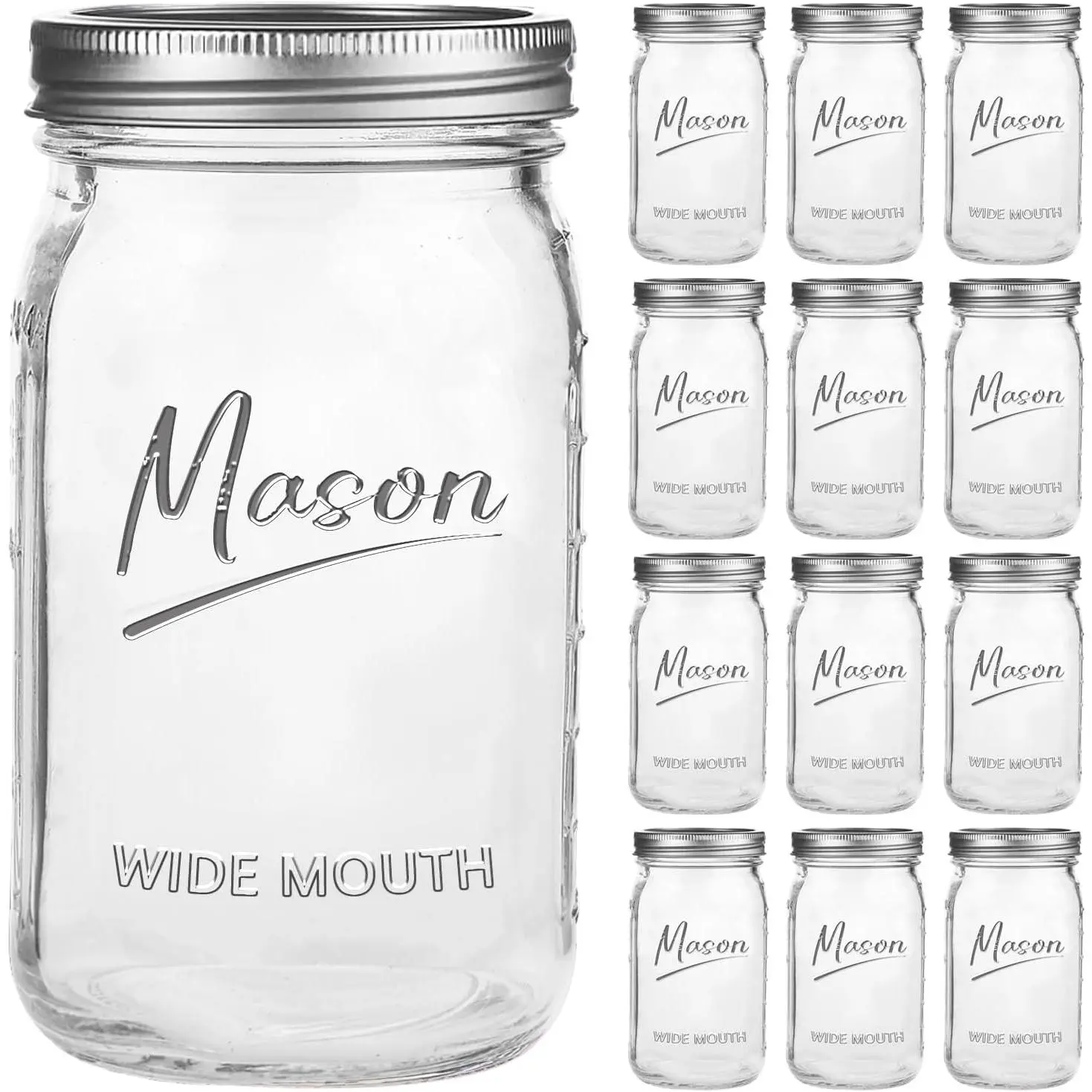 Mason Jars 32 oz,12 Pack Quart Wide Mouth Mason Jar With Airtight ,Glass Canning Jars for Fermenting, Pickling,Meal Prep,Overnight Oats & Centerpieces