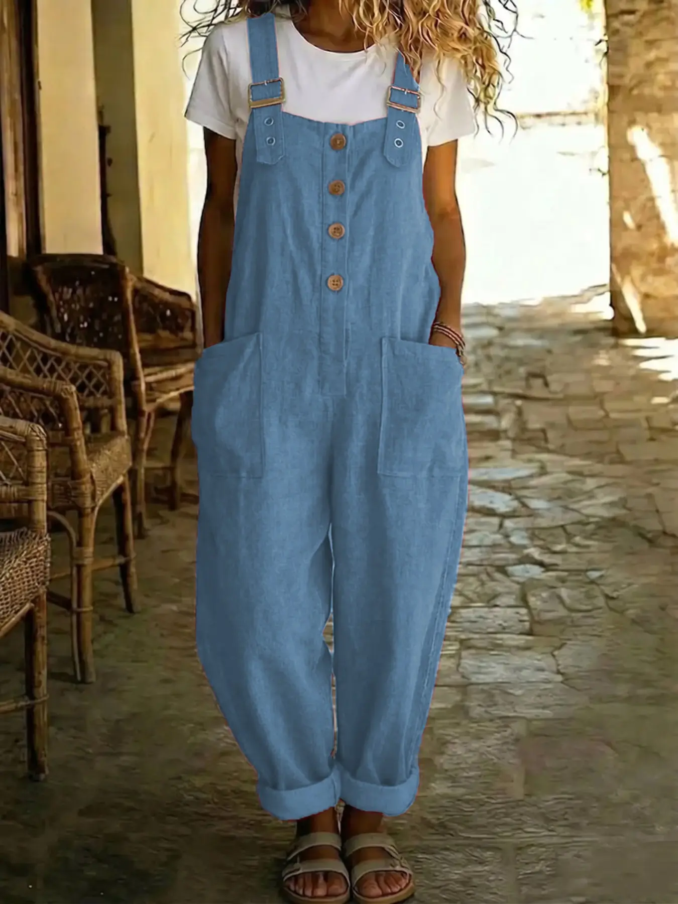 2026 Summer New Lightweight Breathable Cotton Linen Solid Color Retro Pocket Straight Leg Overall Bib Pants for Women, European and American Style, Cross-Border E-Commerce