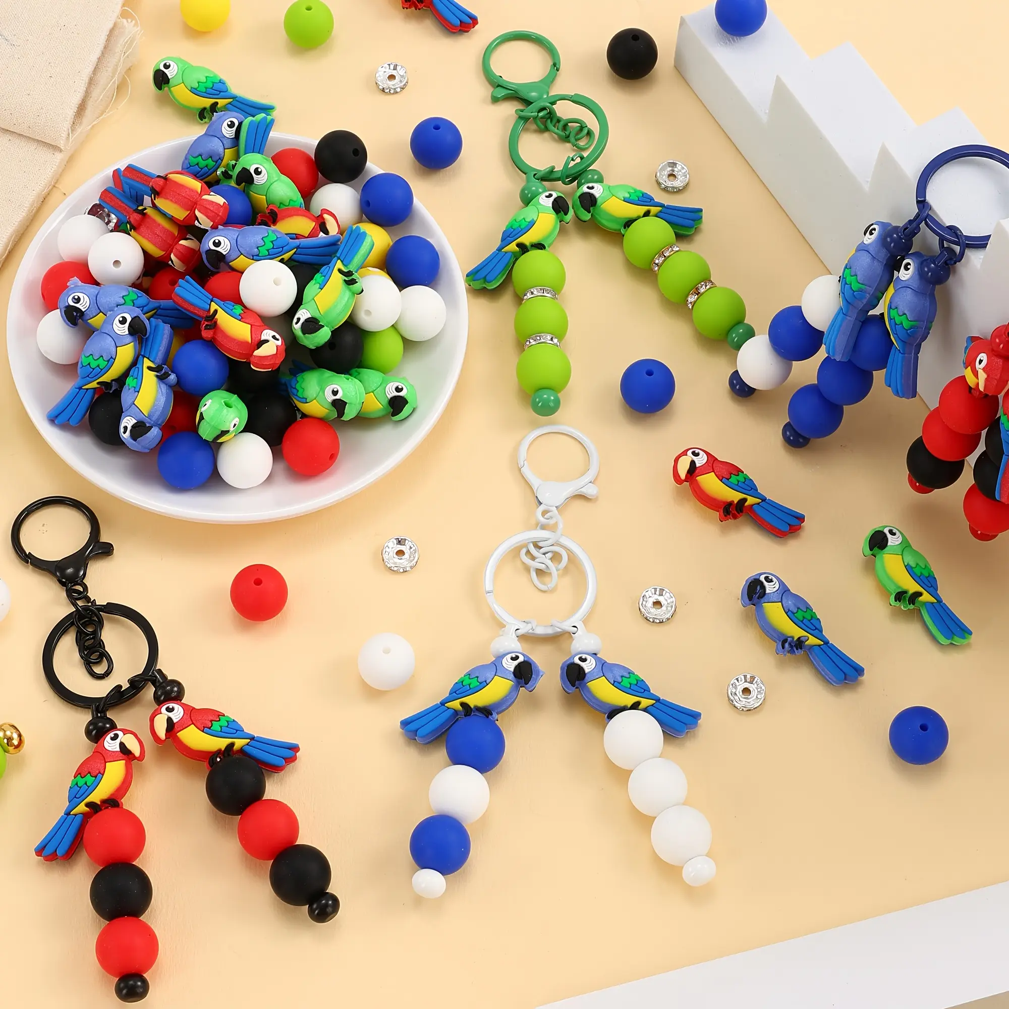 46 pieces - Parrot silicone bead keychain making kit, suitable for keychain making, shoulder bag hangers, ideal gifts for graduation season, birthday, party, etc.