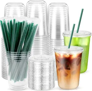 50PCS 14 oz Clear Plastic Cups with Lids and Dark Green Straws, Round Bottom Disposable To Go iced Coffee Cups, BPA Free Bubble Tea Smoothie Cups for Coffee Shops, Picnic, Takeout, Party, Office