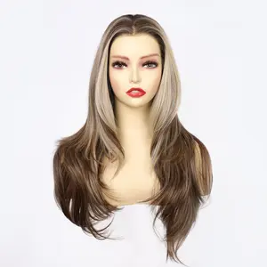 Valeria - MaxFull Dark Ash Brown Wig with Platinum Blonde Chunky Highlights | Y2K Money Piece, Face-Framing Layered,  Pre-Cut 13×5 Skin-Melt HD Lace, Scandinavian Hairline, Soft Effortless Waves, Wear & Go Glueless Beginner-Friendly Synthetic Wig