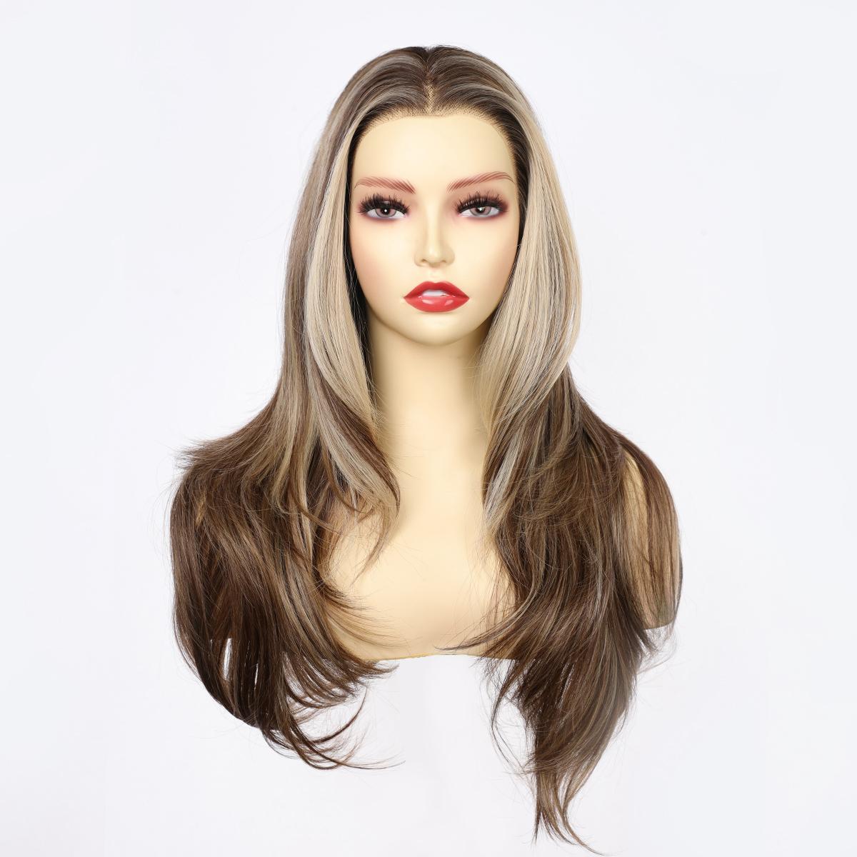 Valeria - MaxFull Dark Ash Brown Wig | Platinum Blonde Chunky Highlights, Pre-Cut 13×5 Skin-Melt HD Lace, Free Part, Face-Framing Layered, Soft Effortless Waves Wig