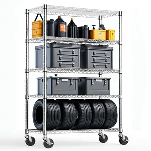Metal 5-Tier Adjustable Heavy-Duty Steel Wire Shelf, 1750 LBS Capacity Utility Storage Unit with Wheels, 17.7" D x 47.2" W x 72.3" H Organizer for Home, Garage