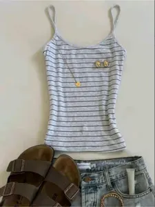Summer retro striped spaghetti strap camisole, slim-fit and figure-flattering striped knit top, American casual hot girl style sleeveless T-shirt for inner layering or outer wear, suitable for daily outings, campus, dating, casual home wear