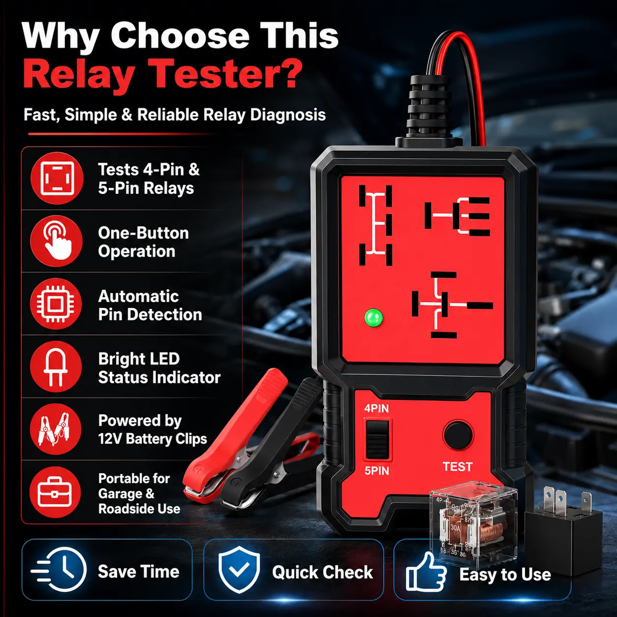 Universal 4Pin & 5Pin Automotive Quick-Go/No-Go Pin Relay Tester - USB Powered ABS Electronic Repair Tool for DIY Enthusiasts, LED Indicator, Compact, USB Cable, Clips, Test Button, No Battery Needed for Quick and Accurate Diagnostics