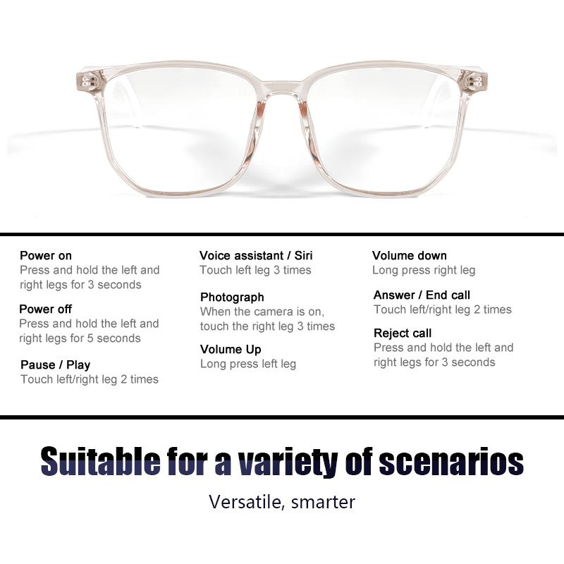 Koipsse Smart Audio Glasses Wireless TWS Earbuds HiFi Open-Ear Mic V5.4 Dual Touch Control Transparent Suitable for Men Women Gift Technology Call Music Volume Adjustment Multifunctional Smart Glasses Wearable Smart Glasses