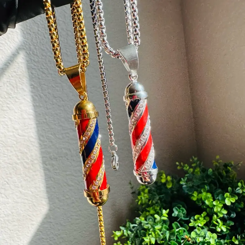Gold Plated Stainless Steel Iced Out Barber Pole Pendant with Box Chain Necklace