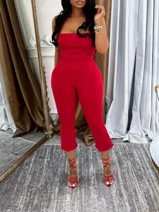 Women's Summer New Crop Top Halter Two-Piece Set, Pure Color Sexy Slim Fit Pants, European and American Style Fashion