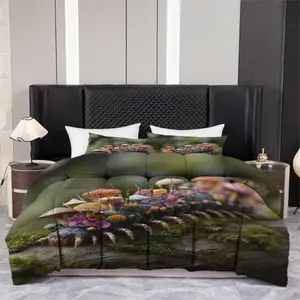3pcs (1 comforter + 2 pillowcases) Fantasy Mushroom Creature Bedding Set, Whimsical Forest Art Print, Soft Microfiber All-Season Warm Comforter Set, Hypoallergenic Wrinkle Fade Resistant, Easy Care, Queen King Full Size, Durable Bedroom Guest Room De