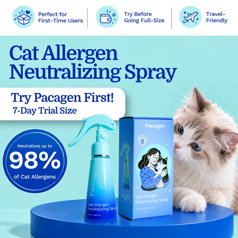 Pacagen Cat Allergy Neutralizing Spray - 70 ml Travel Mini Size, Vet Recommended, Drug Free, No Harsh Chemicals, 98% Allergen Neutralization, 1 Pack with Allergen Neutralizing Powder Pack