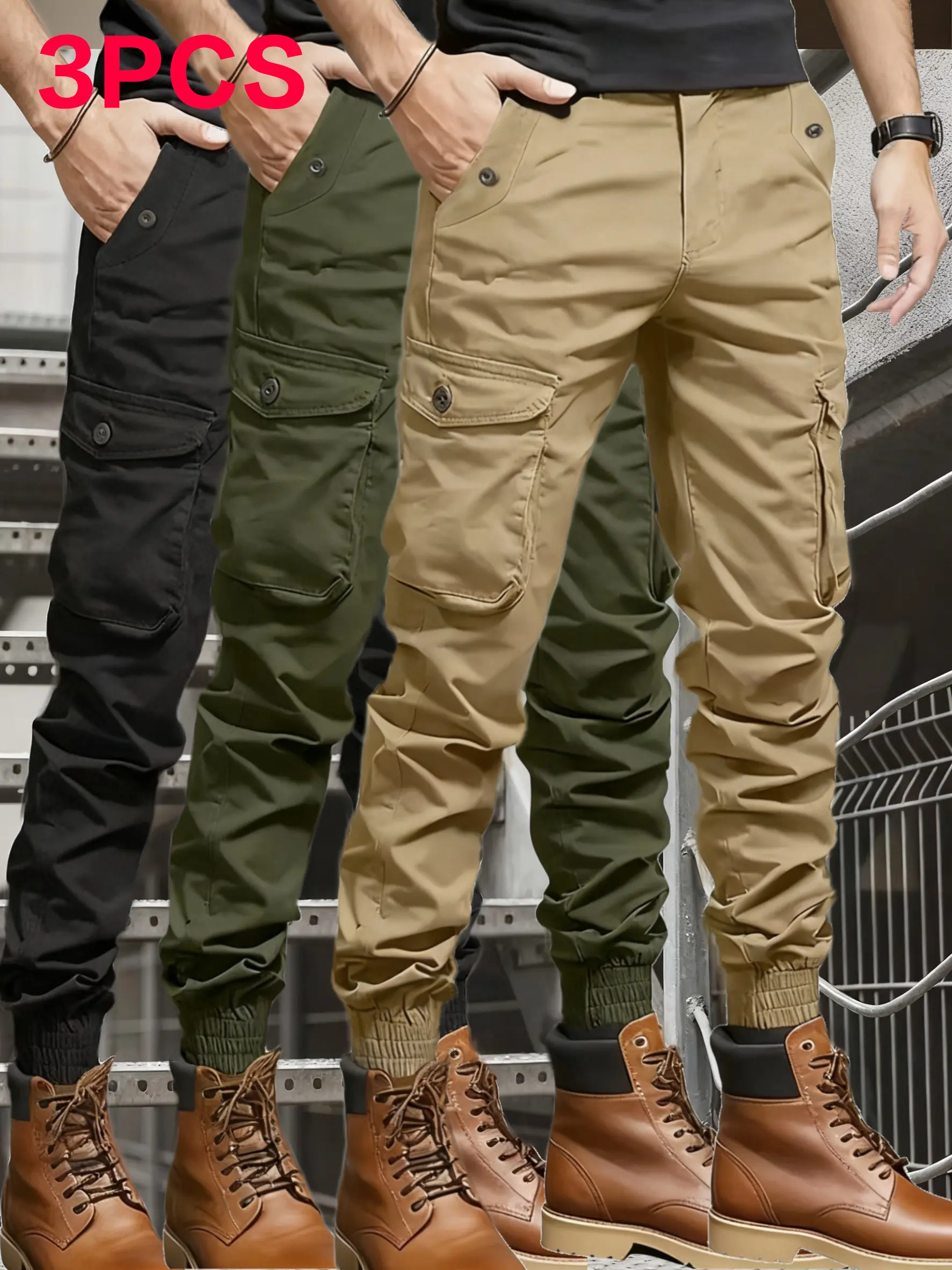 3-Pack Men’s American Workwear Joggers — Comfortable Cuffed Pants, Trendy High-Street Casual Style, Hong Kong Streetwear Brand Pants