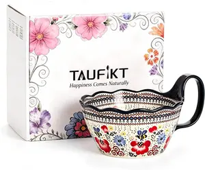 Handpainted Large Soup Bowl with Handle, 34oz Soup Bowls Microwave & Oven Safe, Polish Pottery Pasta Bowls Large Serving Bowl, Decorative Bowl for Soup, Stew, Cereal