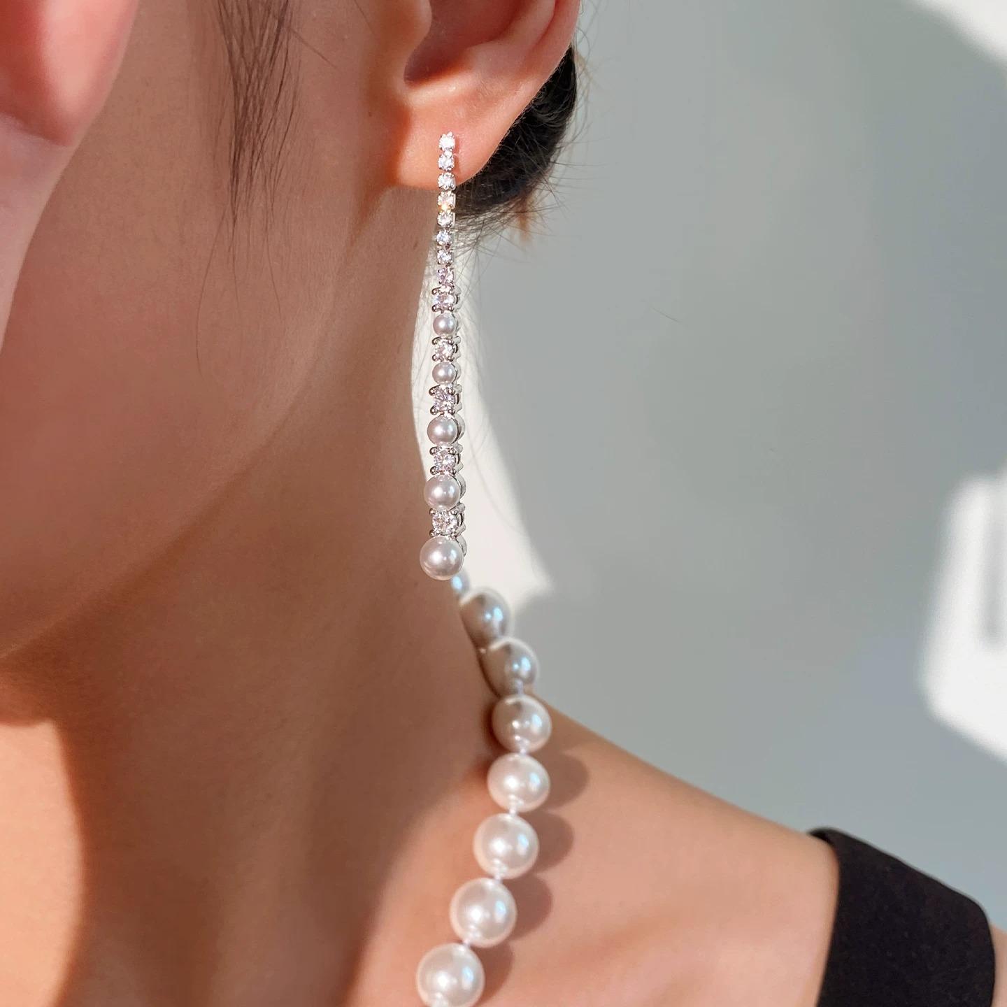 Sparkling Zircon Tassel Long Pearl Dangle Earrings Light Luxury Designer Jewelry Perfect Gift for Her shell pearl