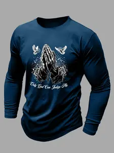 Men's Dove & Letter Print Long Sleeve Tee, Regular Fit Casual Soft Comfy Round Neck T-shirt for Fall, Men's Top for Daily Wear