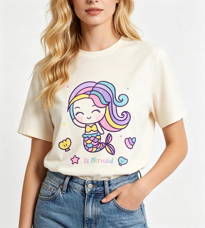Women's Comfortable Mermaid Print Top - Beige Short-Sleeve Crewneck Cotton T-Shirt, Beach-Fit Casual Summer Anniversary Tee for Matching Outfits #sohochic