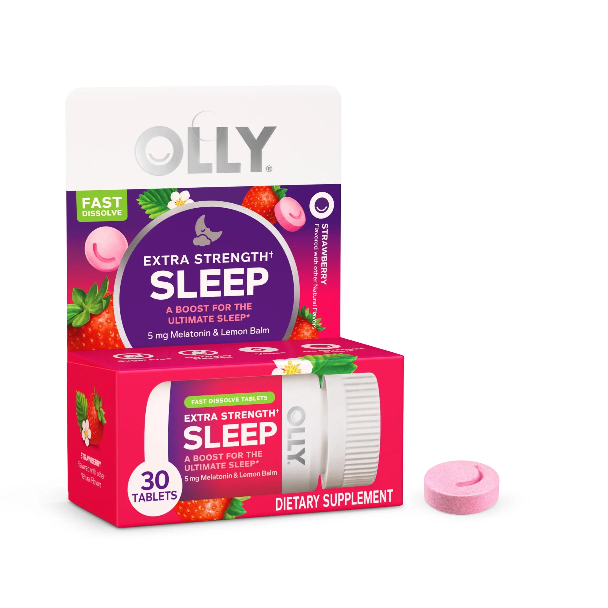 (A)OLLY Extra Strength Sleep Fast Dissolve Tablets – 5mg Melatonin Sleep Aid, Vegan, Strawberry Flavor, Fast-Acting Sleep Supplement, 30 Count