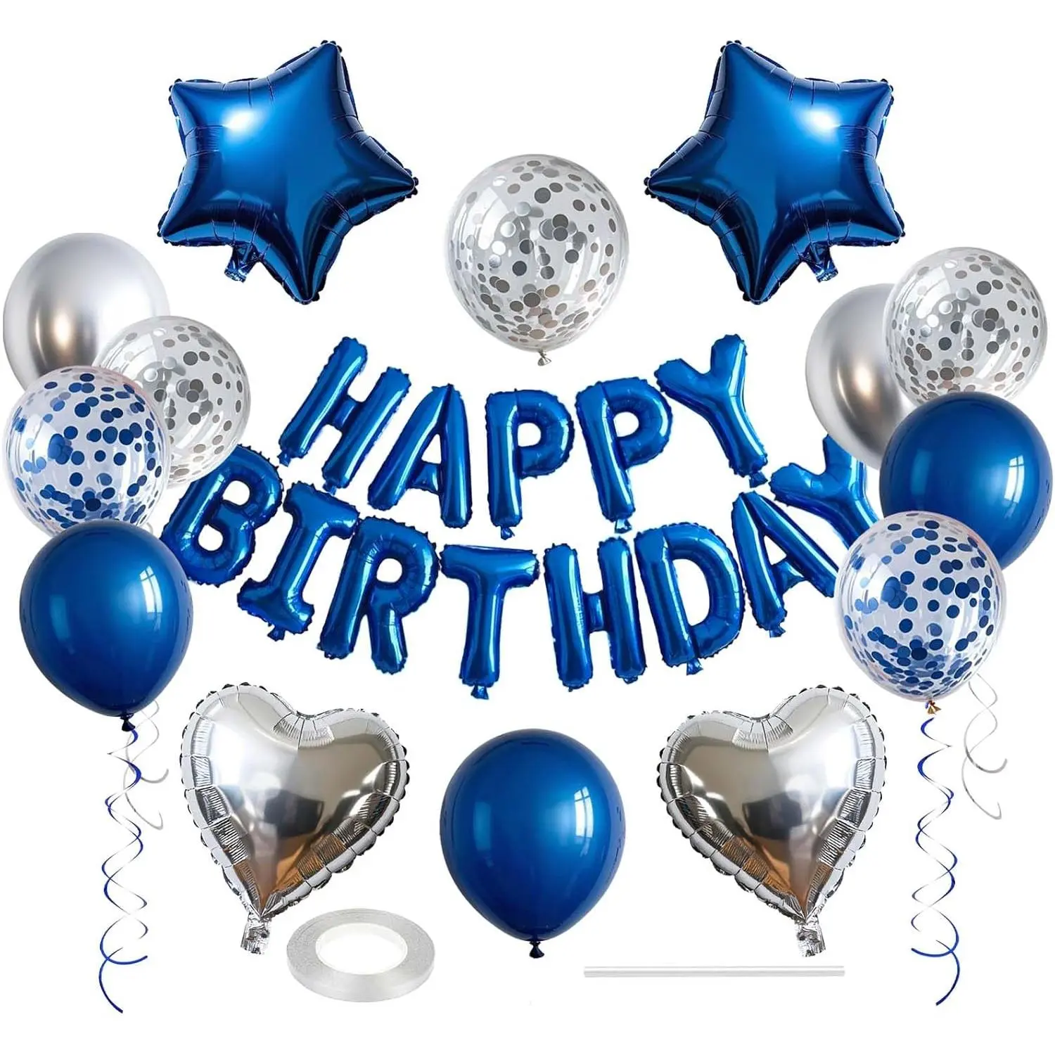 27 Pcs Blue Silver Birthday Decorations, 3D Letters Blue Happy Birthday Balloon Banner, Pentagram Heart Foil Balloons Confetti Balloons Kit For Boys Girls Party Supplies