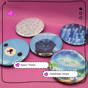 Bundle of 5 Handmade Blue kawaii-Themed 2.25" Button Badge Pins Lot - Cute Designs for Bags Jackets & Collectibles