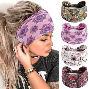 Wide Boho Headbands for Women Fashion Floral Print Bandana  Bands Large Knotted Hairband Elastic Workout Yoga Turban Thick Headwraps Cute Hair Accessories for Teen Girls 4 count